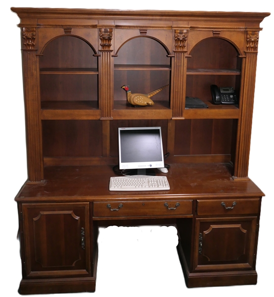 Hooker Furniture Lighted Desk Hutch with Paneled Back Reeded Column Details - Desk Base Has 2 Dovetailed Drawers and 2 Cabinets - Built in Outlets  - Overall Measures 82" Tall 72" by 24" - NO CONTENTS