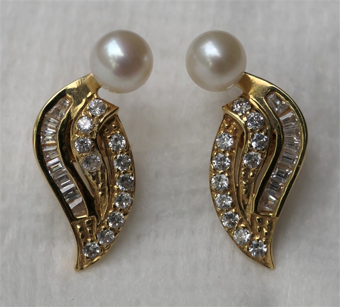 Pair of Beautiful 18kt Yellow Gold Earrings with Pearls and CZ Stones - Each Earring Measures 1" - Earrings Weigh 4.2 Grams