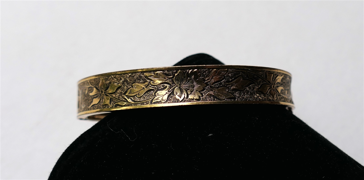 Antique Floral Engraved Gold Filled Hinged Bangle Bracelet - 1/20th 12kt Gold Filled 