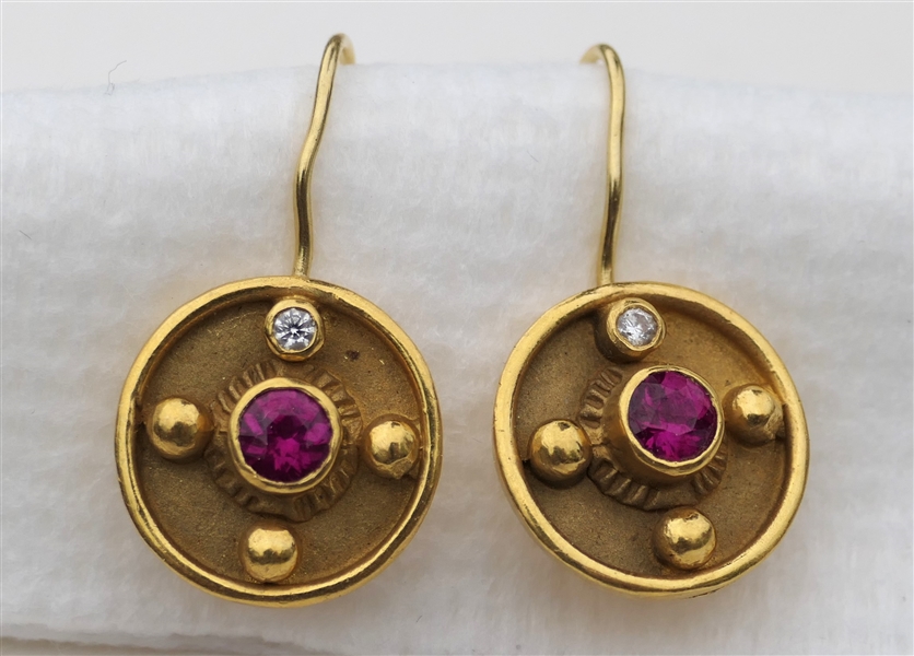 Pair of Beautiful Yellow Gold Drop Earrings with Ruby Center Stone and Diamond Accent Stone - Signed DRS 18k and 22k in Script