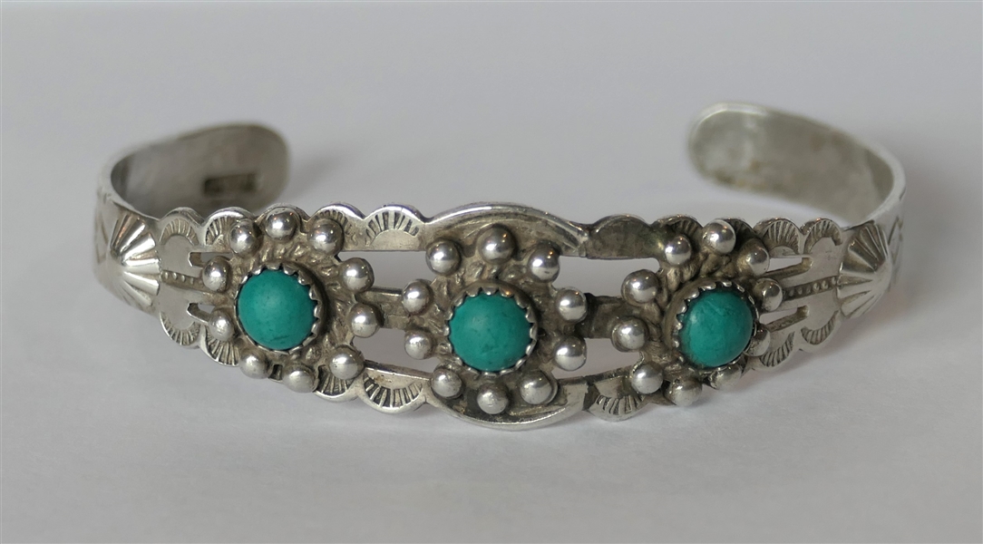 Native American Sterling Silver Cuff Bracelet with 3 Turquoise Stones - Bracelet Measures 1/2" Wide 