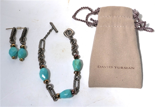Fine David Yurman Sterling Silver and 18kt Yellow Gold Bracelet and Earring Set - Gold and Silver Station Bracelet with Faceted Turquoise Stones - Drop Earrings with Faceted Turquoise Stones and...