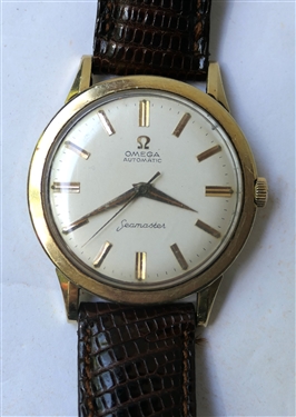 14kt Gold Filled Omega Seamaster Automatic Wristwatch with Brown Leather Band - Watch is Running - Measures 1 1/4" Across