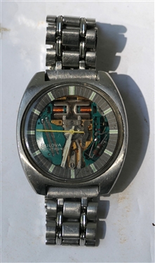 Vintage Bulova Accutron "Spaceview" Wristwatch - See Through Dial with Green Movement - Number 1-823872 M-9 - Marked on Stainless Steel Case - Teressa Bracelet Band - Watch Measures 1 3/8" across