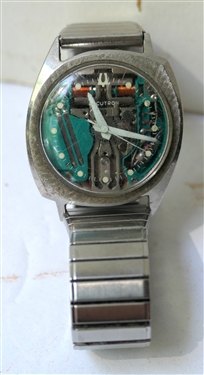 Vintage Bulova Accutron "Spaceview" Wristwatch - See Through Dial with Green Movement - Number D15039 - M5 - Stretch Band - Watch Case Measures 1 1/4" Across - Dial Has Some Scratches 