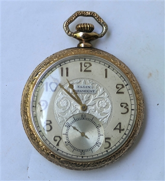 Elgin Paramount Pocketwatch with Champagne Scrolled Dial  - Second Register - Watch Movement 15 Jewels - Majestic Gold Filled Watch Case with Scroll Work Around Edges - Watch Measures 1 1/4" Across...
