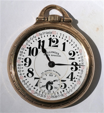 Illinois Bunn Special - 23 Jewel 60 Hour Pocket Watch - Running - With Second Register and Secondary Number Markers - Watch is Running in Keystone 10kt Gold Filled Watch Case - Missing Crystal 