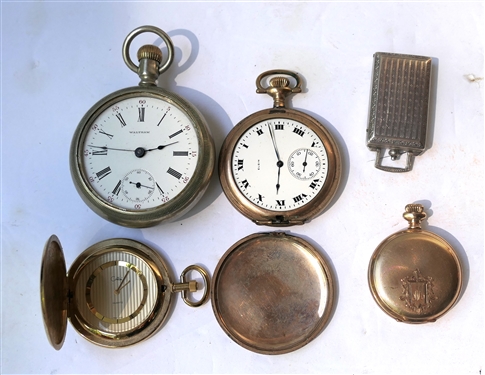 5 Pocket Watches including Biscuit Watch, Rectangular Case, Quartz Movement, and Other Missing Crystal 
