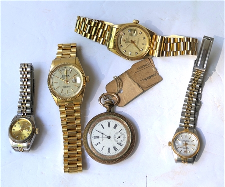 Columbia Gold Filled Pocketwatch in Engraved Case and 4 Faux Rolex Watches - 2 Mens and 2 Ladies - Pocket Watch Dial is Cracked - See photo