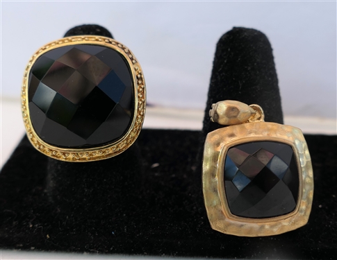 Gold Over Sterling Silver Ring and Pendant Set with Faceted Black Stones - Ring Has Filigree Details on Sides - Pendant Has Hammered Details - Ring is a Size 7