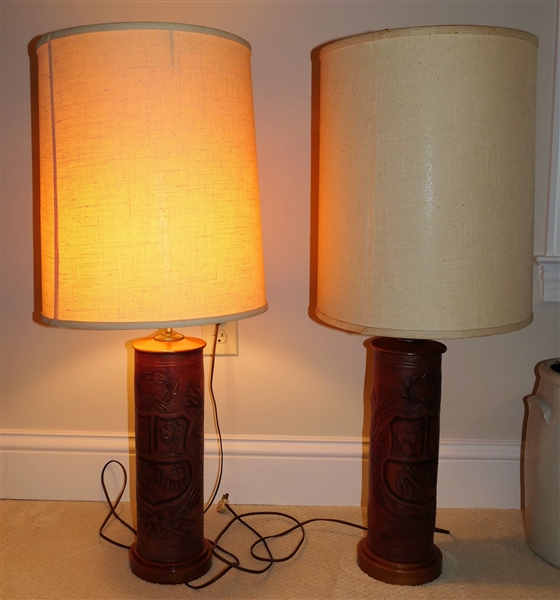 Pair of Leather Wrapped Cylindrical Table Lamps with Shields - Each Measures 22" Tall to Bulb