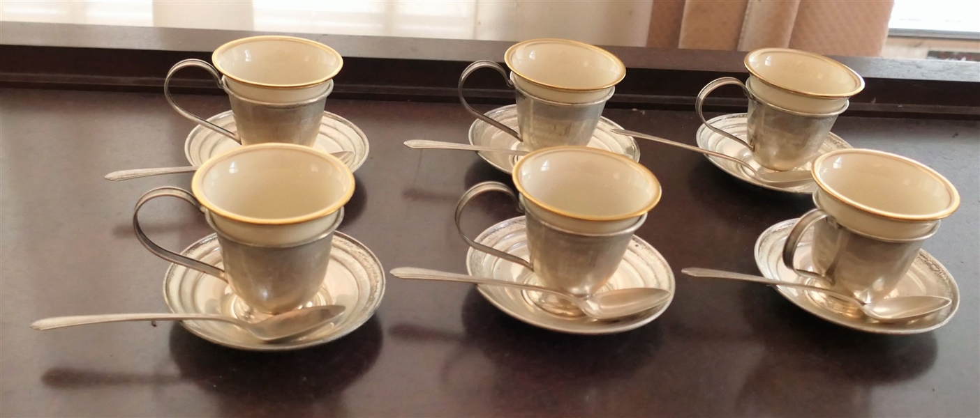 6 Sterling Silver Framed Demitasse Cups with Saucers and Spoons - Frames are Monogrammed - Each Measures 2 1/4" tall Saucers Measure 3 1/4" Across - Spoons Are Towle