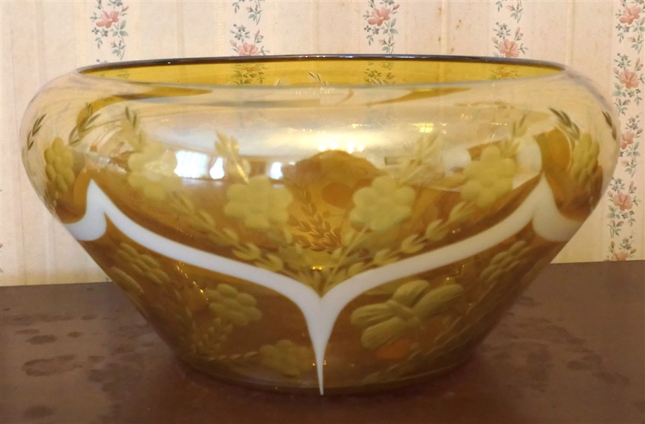 Beautiful Iridized Etched Art Glass Bowl - Hand Blown with Etched Butterflies and Flowers - Original Label From South Boston Jeweler - Measures 4" tall 8" across