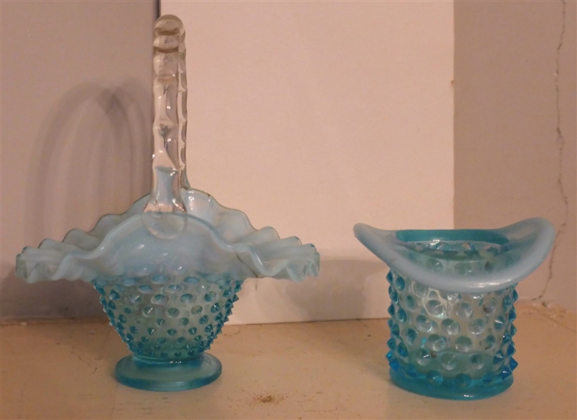 Blue Opalescent Hobnail Basket and Top Hat - Hat Measures 2 3/4" tall 3" Across