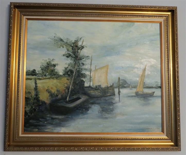 Original Oil on Canvas Painting of Sail Boats by Miriam Burton 1969 - Framed - Frame Measures 27 1/4" by 32"