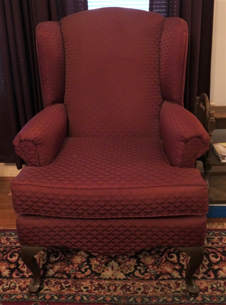 Burgundy Queen Anne Style Wing Back Chair - Measures 43 1/2" Tall 33" by 23" 
