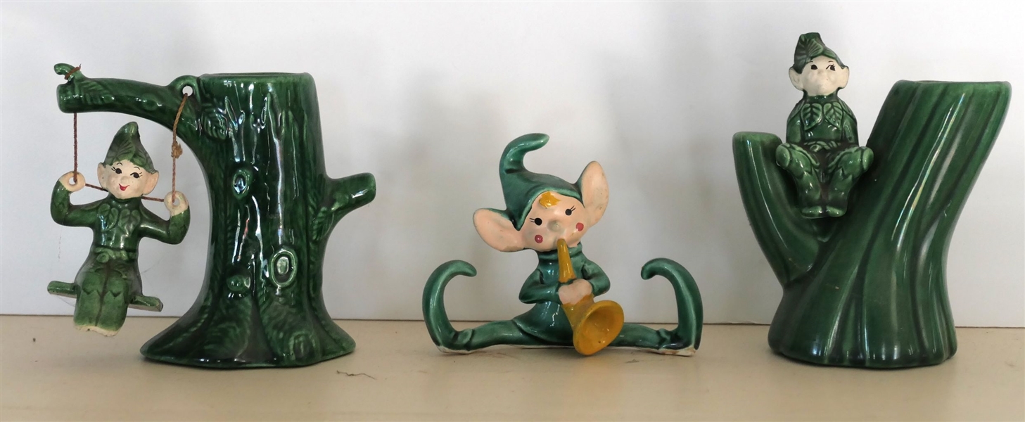 Collection of Vintage Elves - Musician Elf Made in Japan, Tree Sitting Souvenir of Walterboro, SC - Swinging Elf Measures  3 3/4" Tall 