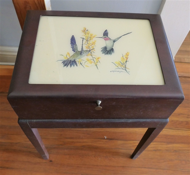 Mahogany Finish Lift Top Box with Hummingbirds On Top - Full of Sewing Materials - Measures 22" Tall 15" by 11" 