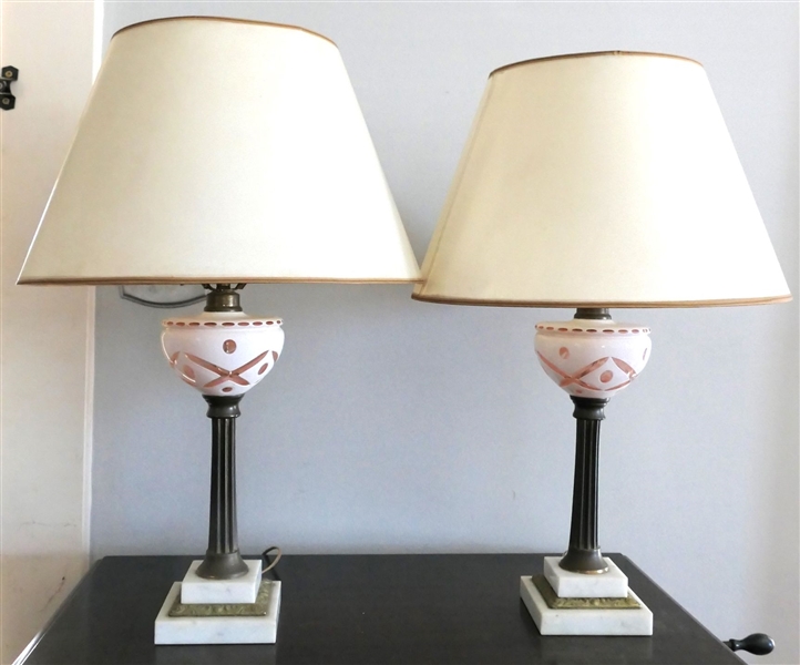 Pair of Bohemian Cut Glass Cased Lamps with Reeded Metal Pedestals - Marble Bases - Each Lamp Measures 17" to Bulb