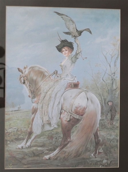 Print of Woman Riding a Horse with Bird In Nice Gold Frame - Frame Interior Measures 17 1/4" by 13 1/2"