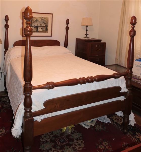 Nice Walnut Acorn Finial Full Sized Bed with Bedding - Wood Rails 