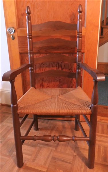 Nice Sturdy Handcrafted Ladderback Rush Bottom Arm Chair - Acorn Finials Pegged Construction