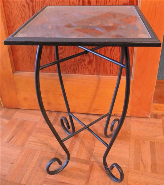 Iron Glass Top Side Table - Measures 23 1/2" Tall 14" by 14" 