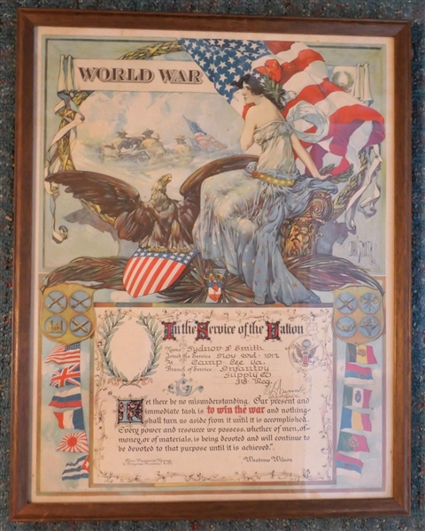 Original Word War I Enlistment Document "Sydnor L. Smith Nov. 2nd 1917 Camp Lee VA" - Framed - Frame Measures 23" by 18"