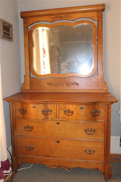 Very Nice Oak Serpentine Front Dresser with Beveled Mirror - Paneled Sides - 2 Dovetailed Drawers over 2 Dovetailed Drawers - Measures 72" Tall 44" by 20"