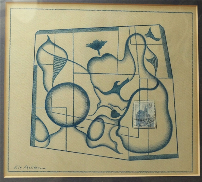 Kit Melton Original Art Work - Abstract Design with 22 Cent Stamp - Framed and Matted - Frame Measures 13 1/2" by 15"