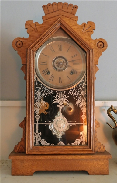 Nice Harden (Ansonia) Oak Alarm Clock - Fancy Pendulum with Key - Runs - Partial Label on Back - Measures 19 1/2" Tall 