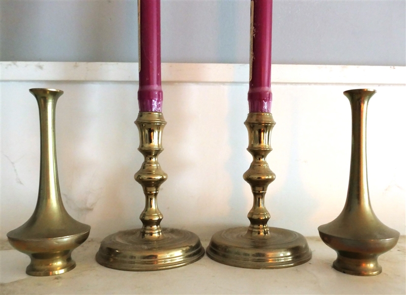 Pair of Virginia Metalcraft "Raleigh" Brass Candle Sticks and Pair of Brass Bud Vases