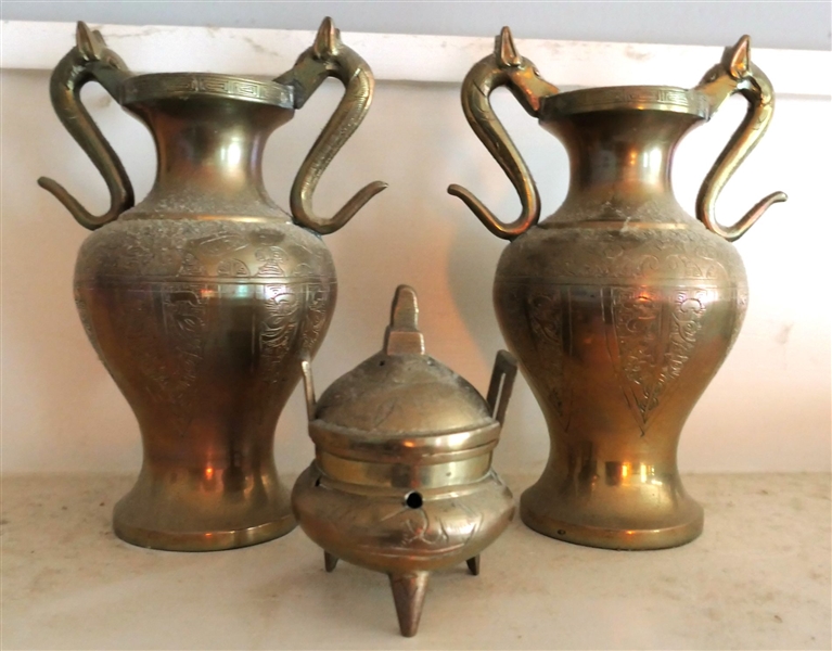 3 Pieces of Asian Brass - Urns with Heads Measuring 7 1/2" Tall 