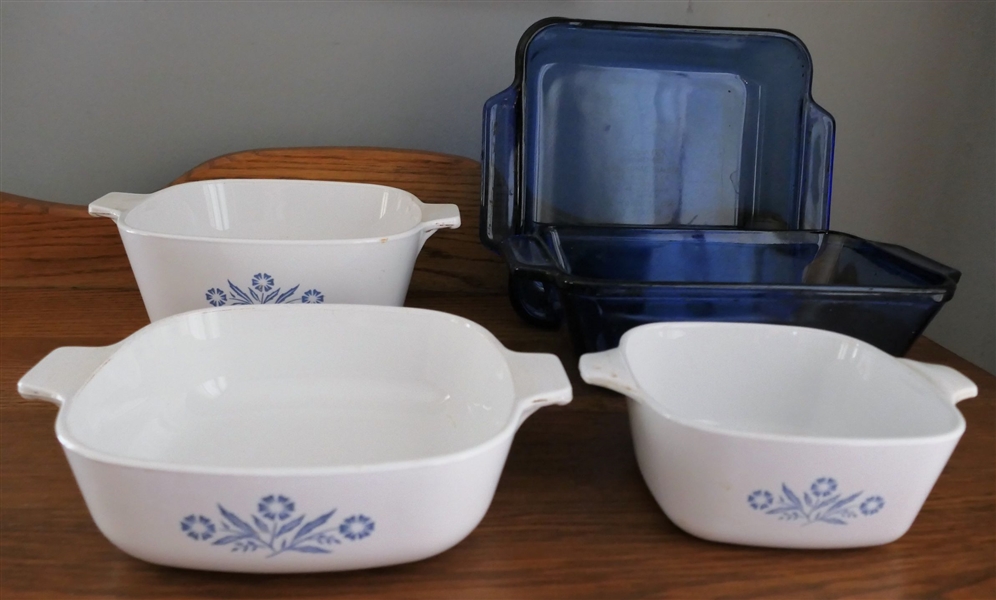 2 Cobalt Blue Pyrex Dishes and 3 Cornflower Blue Corningware Dishes 