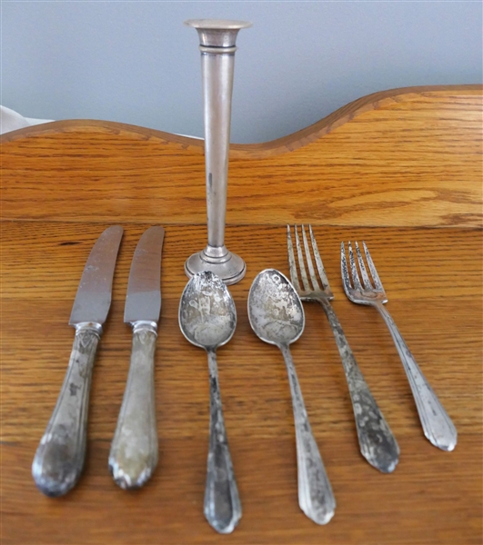 Lot of Sterling Silver Items including Weighted Bud Vase, 2 Forks, 2 Spoons, and 2 Knives