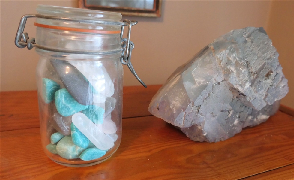 Blue and Clear "Iceberg" Rock Specimen and Jar of Quartz and Blue Stones