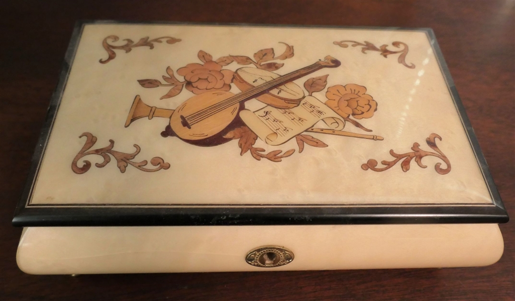 Italian Wood Inlaid Music Box "Waltz of The Flowers" Red Velvet Lined - Measures 2 1/2" tall 8 1/4" by 5 1/2"