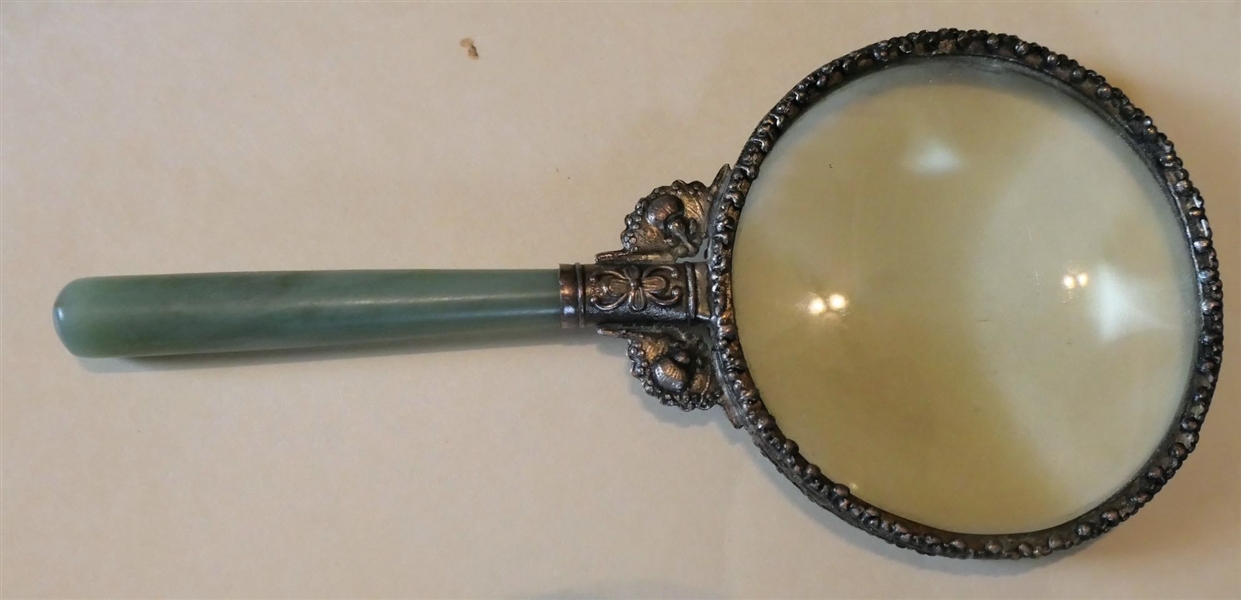 Nice Magnifying Glass with Faux Jade Handle - Decorated Bezel - Measures 7" Long