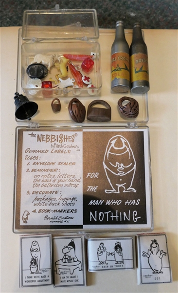 Collection of Miniature Items Including Notepads, Royal Crown Bottle Lighters, Miniature Items, Monopoly Pieces, Tobacco Tags, Carved Nuts