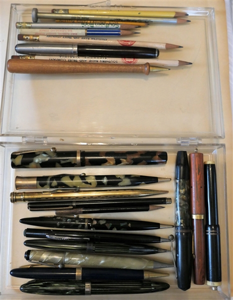 Collection of Pens and Pencils including Parker "51" in Original Case, Shaeffers, Shaeffers Striped Fountain Pen with Gold Nib, Ideal Wood Grain Style, Black with Cream Top / Gold Nib, Mechanical...