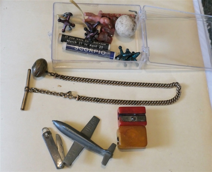 Collection of Miniature Items, Keys Fobs, Pencil Sharpener, Clay Marble, Wishbone, Watch Chain, Etc. 