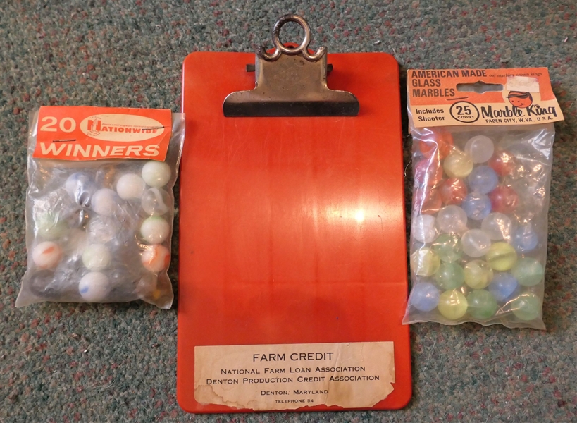 Nationwide 20 Winners Marbles, Marble King 25 Count Marbles (Both New in Original Packages) and Farm Credit Clip Board - Denton Maryland 2 - Digit Phone Number