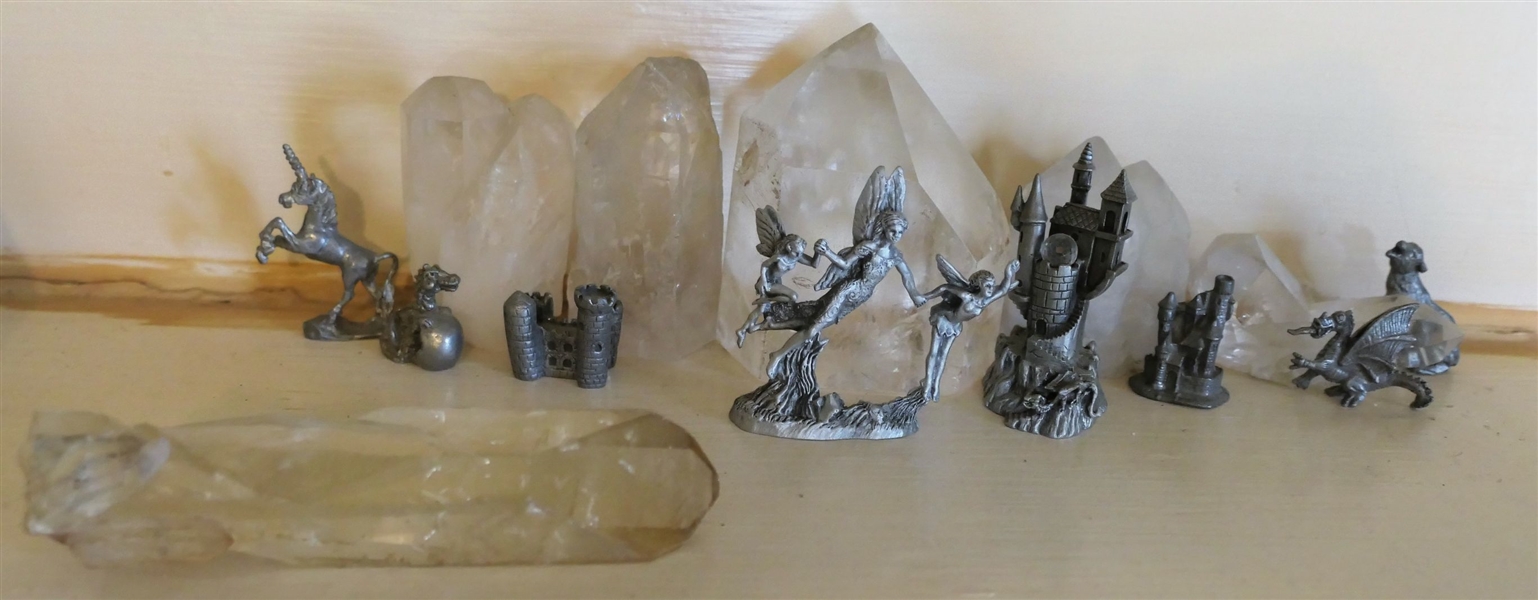 Collection of Crystals and Pewter Figures including Dragons, Fairies, and Unicorn- Largest Crystal Measures 3 1/4" Tall 