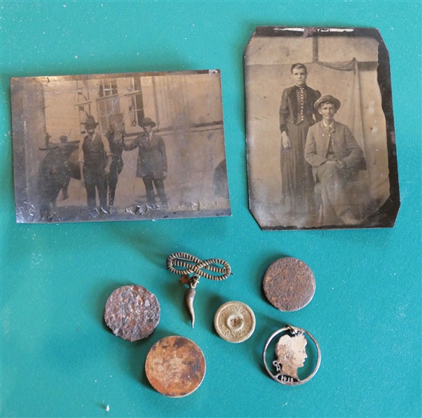 Tin Type Photo of Man and Woman, Photo of Men with Horse, Cut Out 1916 Silver Coin, Other Dugs Relics