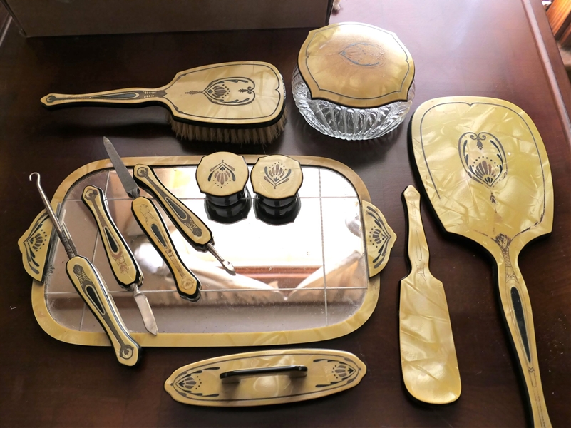 Art Deco 12 Piece Bakelite / Celluloid Dresser Set - Dresser Tray, Brushes, Mirror, Powder Jar and More