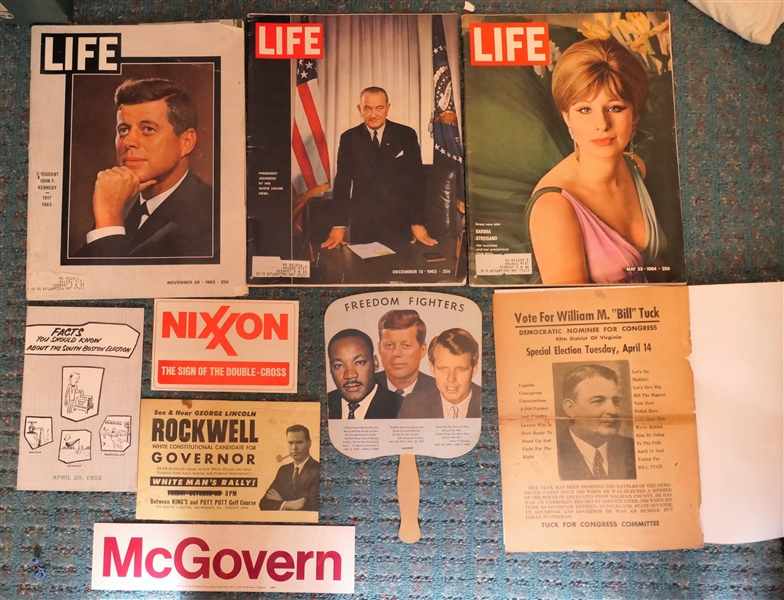 Life Magazines, Freedom Fighter Hand Fan with Martin Luther King, and John F Kennedy, Political Ephemera - Bill Tuck Flyer, 1963 JFK Magazine, 1963 LBJ Magazine, and 1964 Barbara Streisand