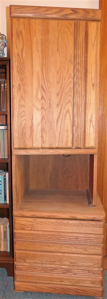 Narrow Oak Cabinet with Drawers at Bottom  - Unusual Angular Cabinet At Top - Measures 61" tall 19" by 17" - NO CONTENTS