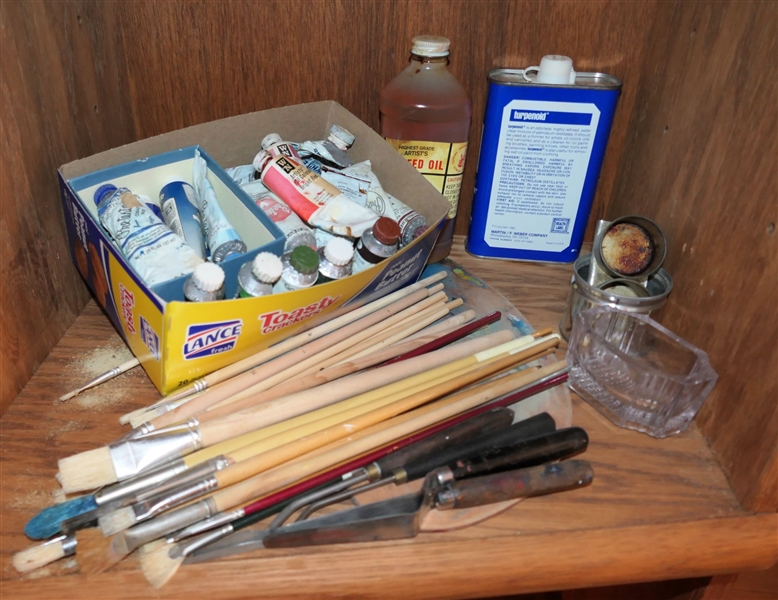 Shelf Lot Including Artists Paint and Brushes