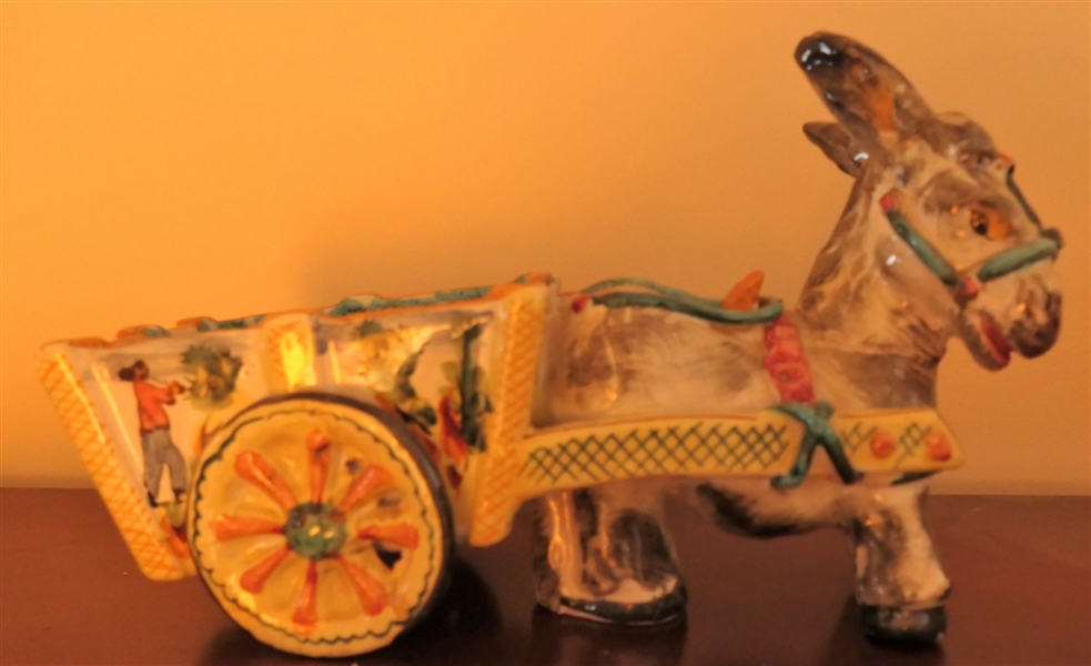 Hand Painted Italian Art Pottery Donkey Pulling Cart - Measures 8 3/4" Tall 13" Long
