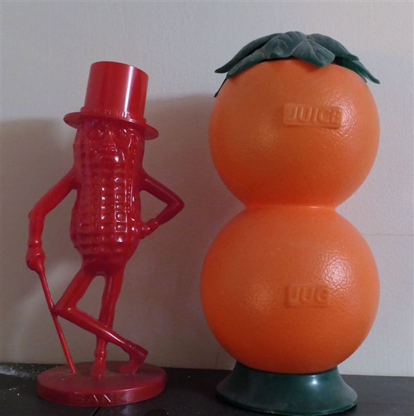Celluloid Mr. Peanut Bank and Plastic Orange Juice - Orange Shaped Juice Bottle - Measures 9" Tall 